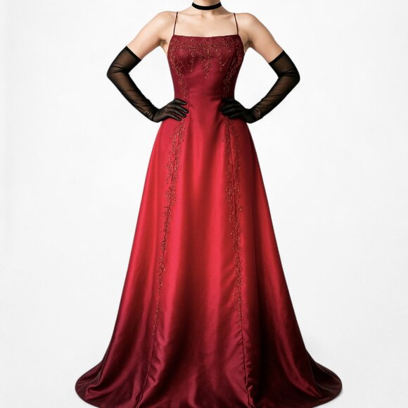 Vintage Y2K Burgundy Red Fit Flared Beaded Ombre Maxi Formal Prom Dress Size M - Picture 2 of 7